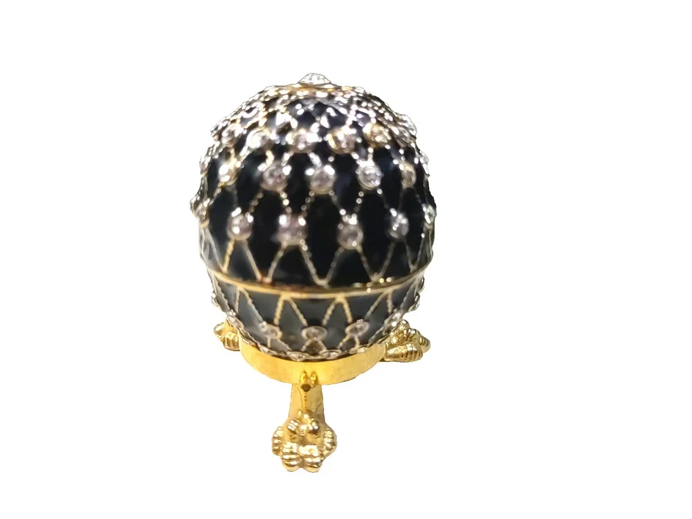Ciel Egg Trinket Box Black Gold Tone Details Rhinestones Stand Elegant
